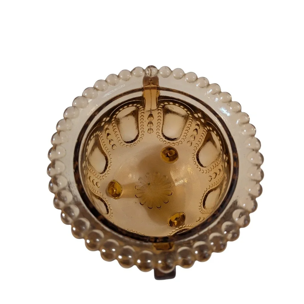 Westmoreland Amber Glass Love Birds in a Nest Lidded Trinket Dish Footed Beaded